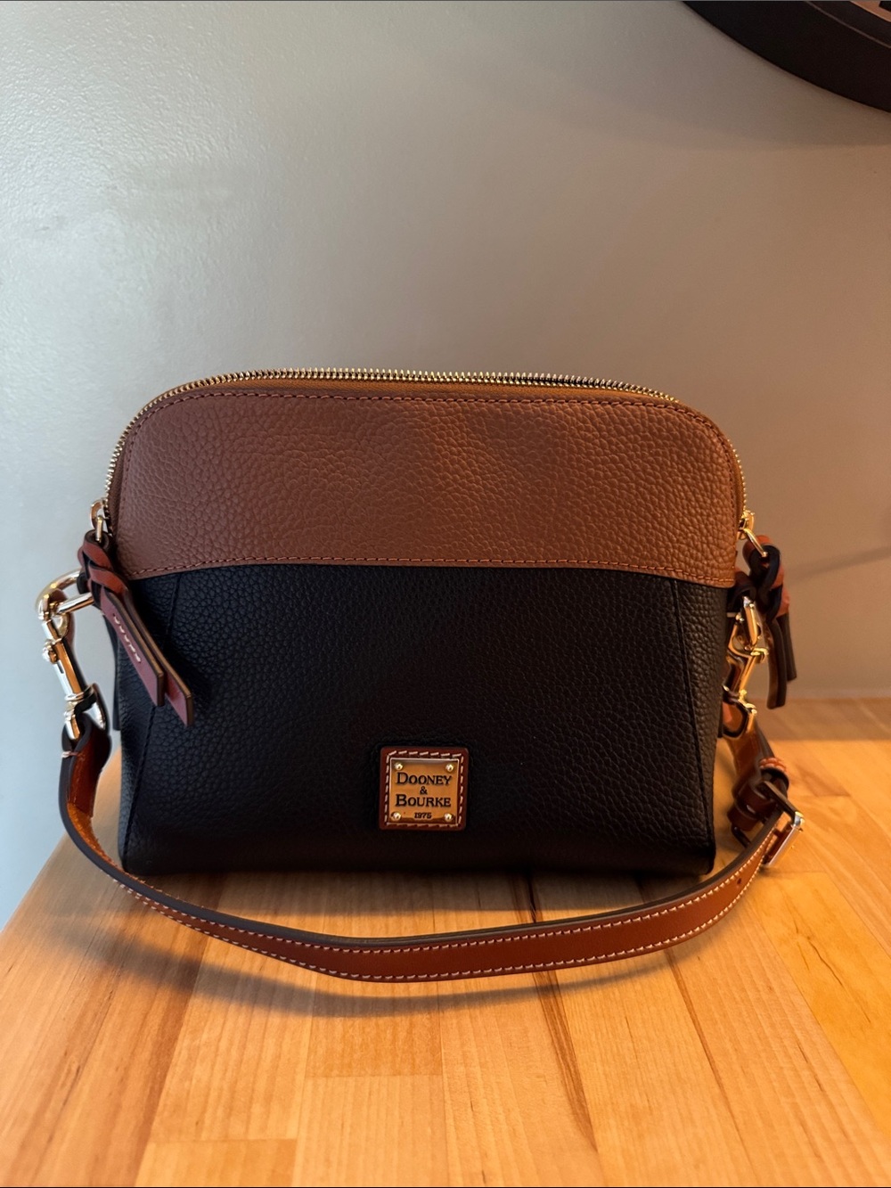 Dooney & Bourke Black and Brown Pebbled Leather Camera Bag